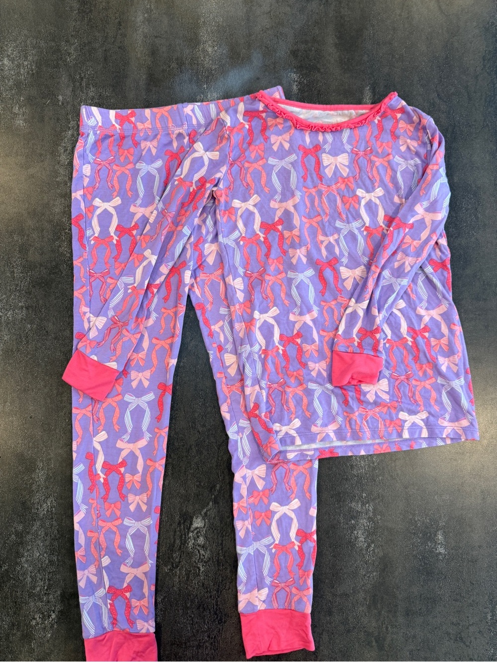 RuffleButts SoftSnooze Girls Bow Pajamas Purple Pink 7/8